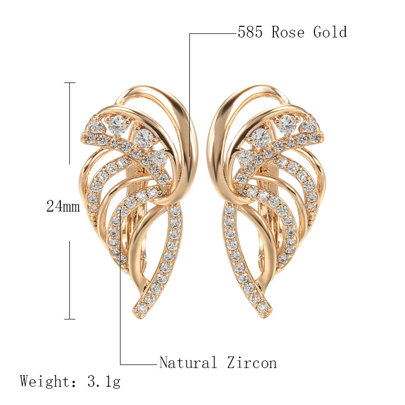 Kinel Luxury 585 Rose Gold Leaf Earrings for Women Micro-wax Inlay Natural Zircon Bridal Wedding Jewelry Crystal Flower Earrings