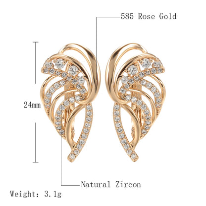 Kinel Luxury 585 Rose Gold Leaf Earrings for Women Micro-wax Inlay Natural Zircon Bridal Wedding Jewelry Crystal Flower Earrings