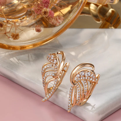 Kinel Luxury 585 Rose Gold Leaf Earrings for Women Micro-wax Inlay Natural Zircon Bridal Wedding Jewelry Crystal Flower Earrings