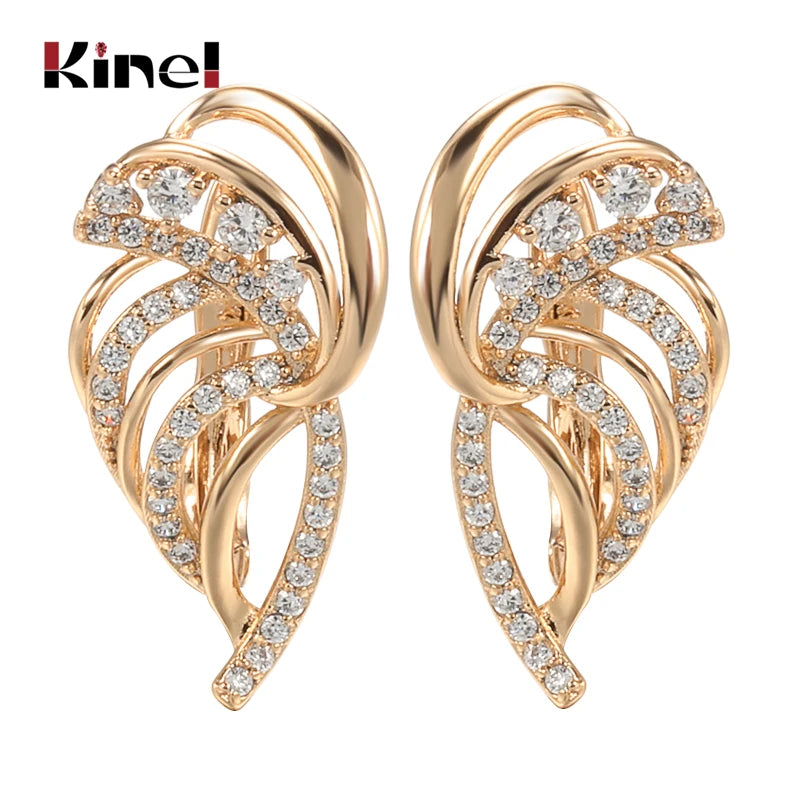 Kinel Luxury 585 Rose Gold Leaf Earrings for Women Micro-wax Inlay Natural Zircon Bridal Wedding Jewelry Crystal Flower Earrings