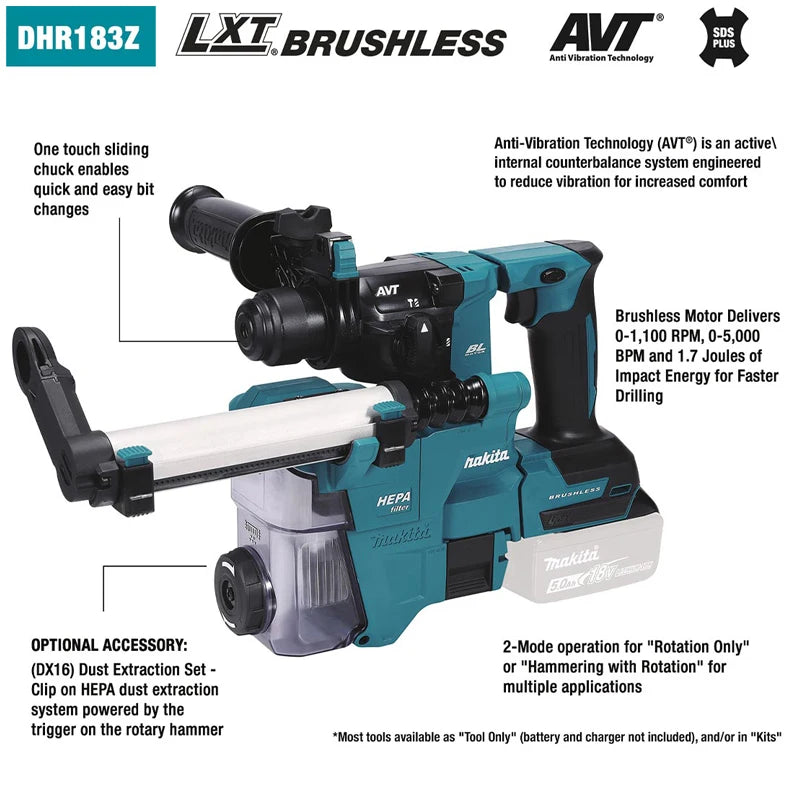 Makita DHR183 DX16 Electric Hammer AVT 18V Lithium Battery Impact Drill Compact Dust Hammer Drill