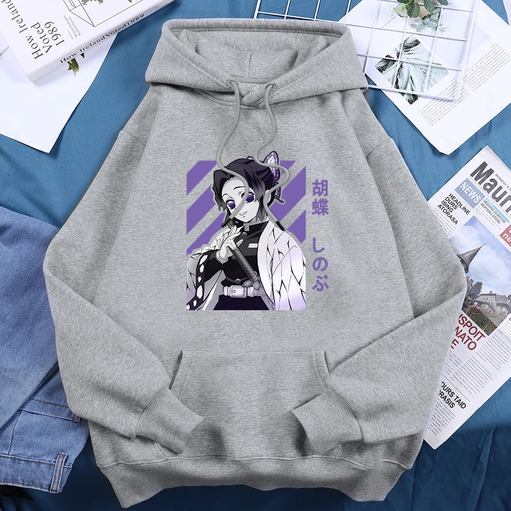 Anime Demon Slayer Kochou Shinobu Women Hoodies Autumn Fleece Streetwear Hip Hop Street Clothes Loose Crewneck Hoody For Female