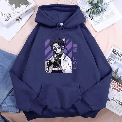 Anime Demon Slayer Kochou Shinobu Women Hoodies Autumn Fleece Streetwear Hip Hop Street Clothes Loose Crewneck Hoody For Female