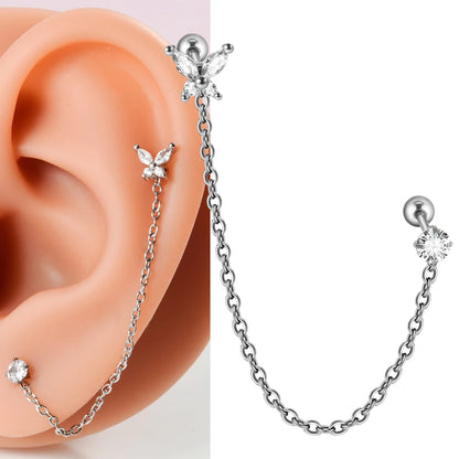 1PC Surgical Steel Zircon Crown Chain Ear Tragus Cartilage Cz Flower Piercing  Earring Conch Ear Helix Piercing Body Jewelry