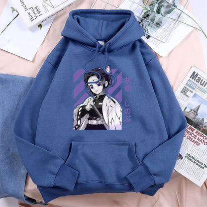 Anime Demon Slayer Kochou Shinobu Women Hoodies Autumn Fleece Streetwear Hip Hop Street Clothes Loose Crewneck Hoody For Female