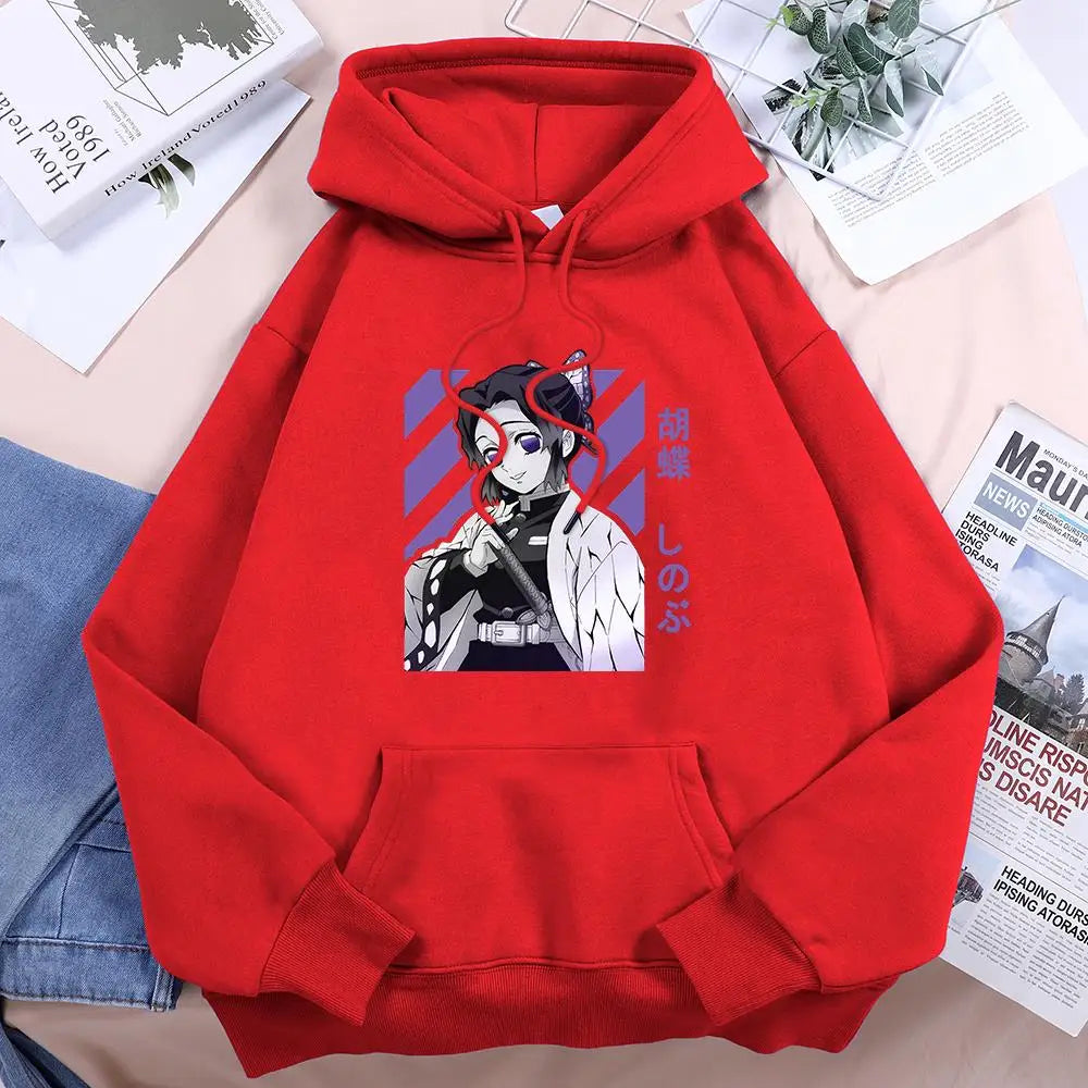 Anime Demon Slayer Kochou Shinobu Women Hoodies Autumn Fleece Streetwear Hip Hop Street Clothes Loose Crewneck Hoody For Female