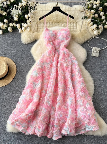 Brand Sweet 3D Rose Floral Embroidery Banquet Party Dress Women's Spaghetti Strap Pink Tulles Mesh Birthday Wedding Robe Vestido