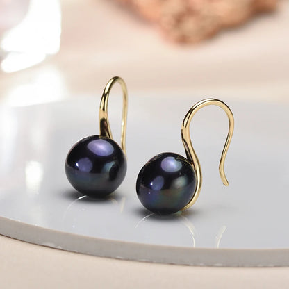 Big 9-10mm Black Natural Freshwater Pearl Earrings for Women Girl Gift, 925 Sterling Silver Jewelry Pearl Earrings New Arrival