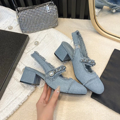 Women Summer High Heels Shoes Sandals Lady Bling Mules Slingback Silver Pumps Female Denim Sandals Bridal Quality Shoes 7cm/5cm