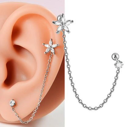 1PC Surgical Steel Zircon Crown Chain Ear Tragus Cartilage Cz Flower Piercing  Earring Conch Ear Helix Piercing Body Jewelry