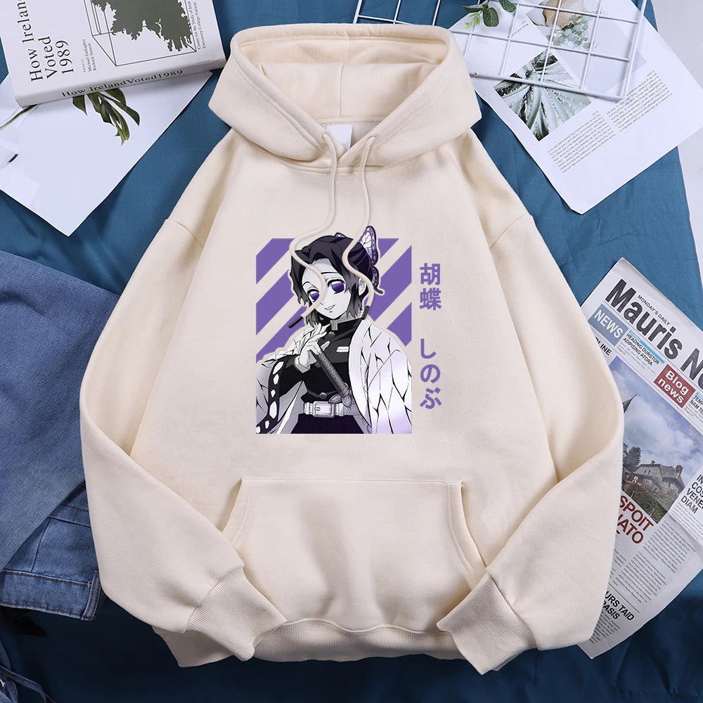 Anime Demon Slayer Kochou Shinobu Women Hoodies Autumn Fleece Streetwear Hip Hop Street Clothes Loose Crewneck Hoody For Female