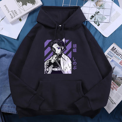 Anime Demon Slayer Kochou Shinobu Women Hoodies Autumn Fleece Streetwear Hip Hop Street Clothes Loose Crewneck Hoody For Female