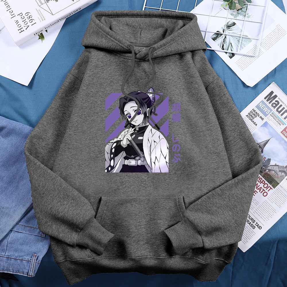 Anime Demon Slayer Kochou Shinobu Women Hoodies Autumn Fleece Streetwear Hip Hop Street Clothes Loose Crewneck Hoody For Female