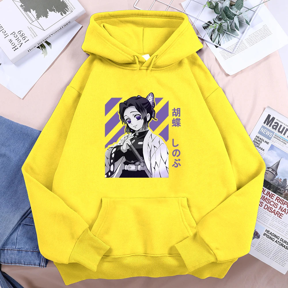 Anime Demon Slayer Kochou Shinobu Women Hoodies Autumn Fleece Streetwear Hip Hop Street Clothes Loose Crewneck Hoody For Female