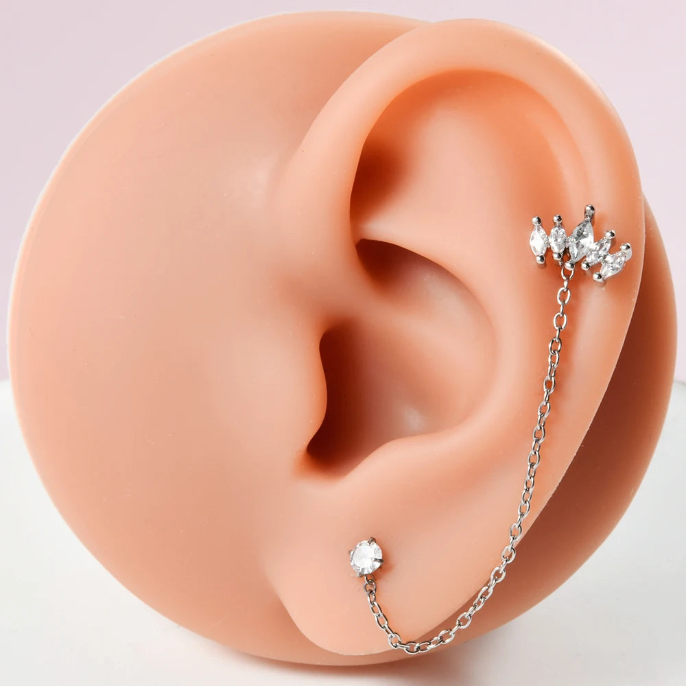 1PC Surgical Steel Zircon Crown Chain Ear Tragus Cartilage Cz Flower Piercing  Earring Conch Ear Helix Piercing Body Jewelry