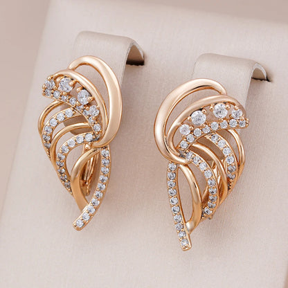 Kinel Luxury 585 Rose Gold Leaf Earrings for Women Micro-wax Inlay Natural Zircon Bridal Wedding Jewelry Crystal Flower Earrings