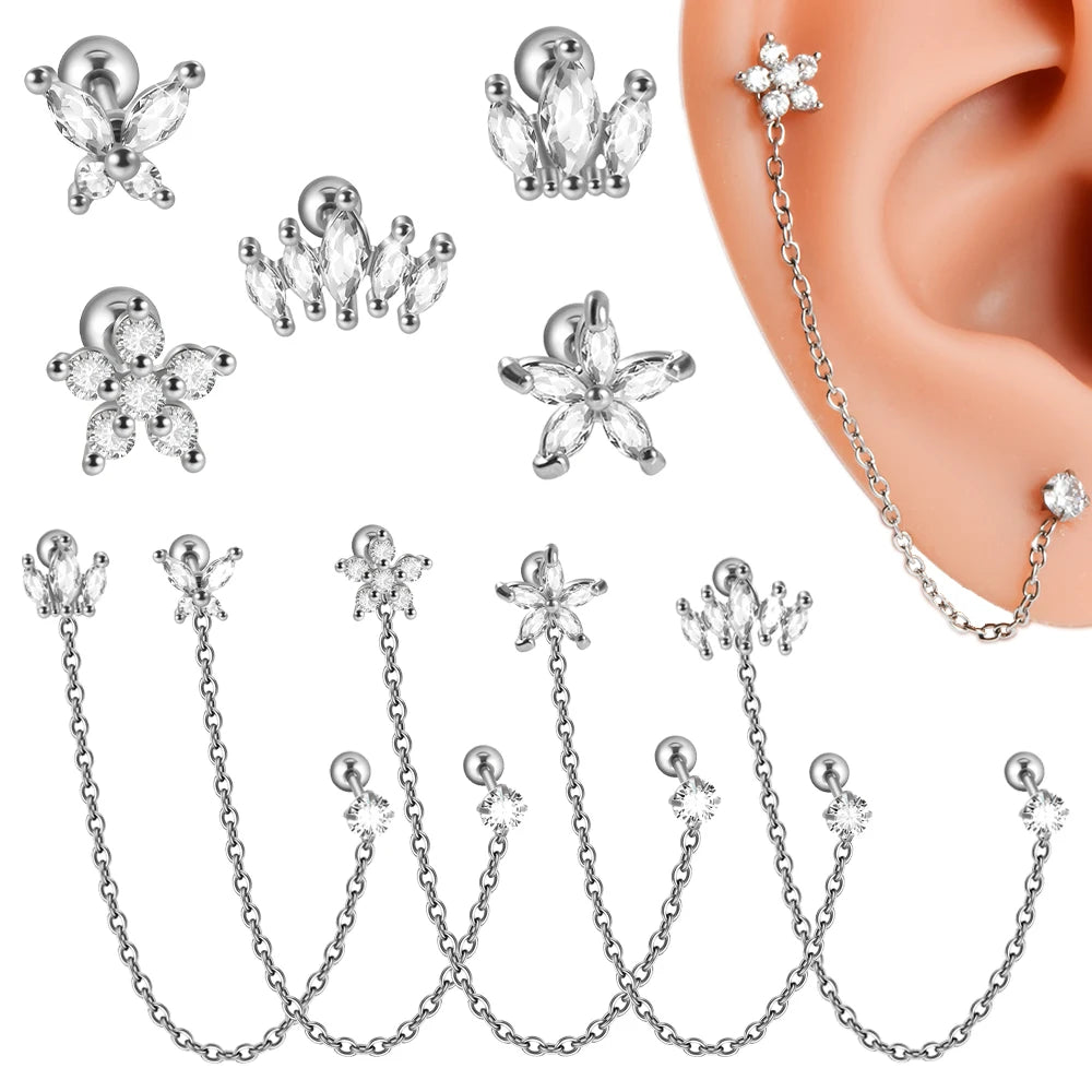 1PC Surgical Steel Zircon Crown Chain Ear Tragus Cartilage Cz Flower Piercing  Earring Conch Ear Helix Piercing Body Jewelry