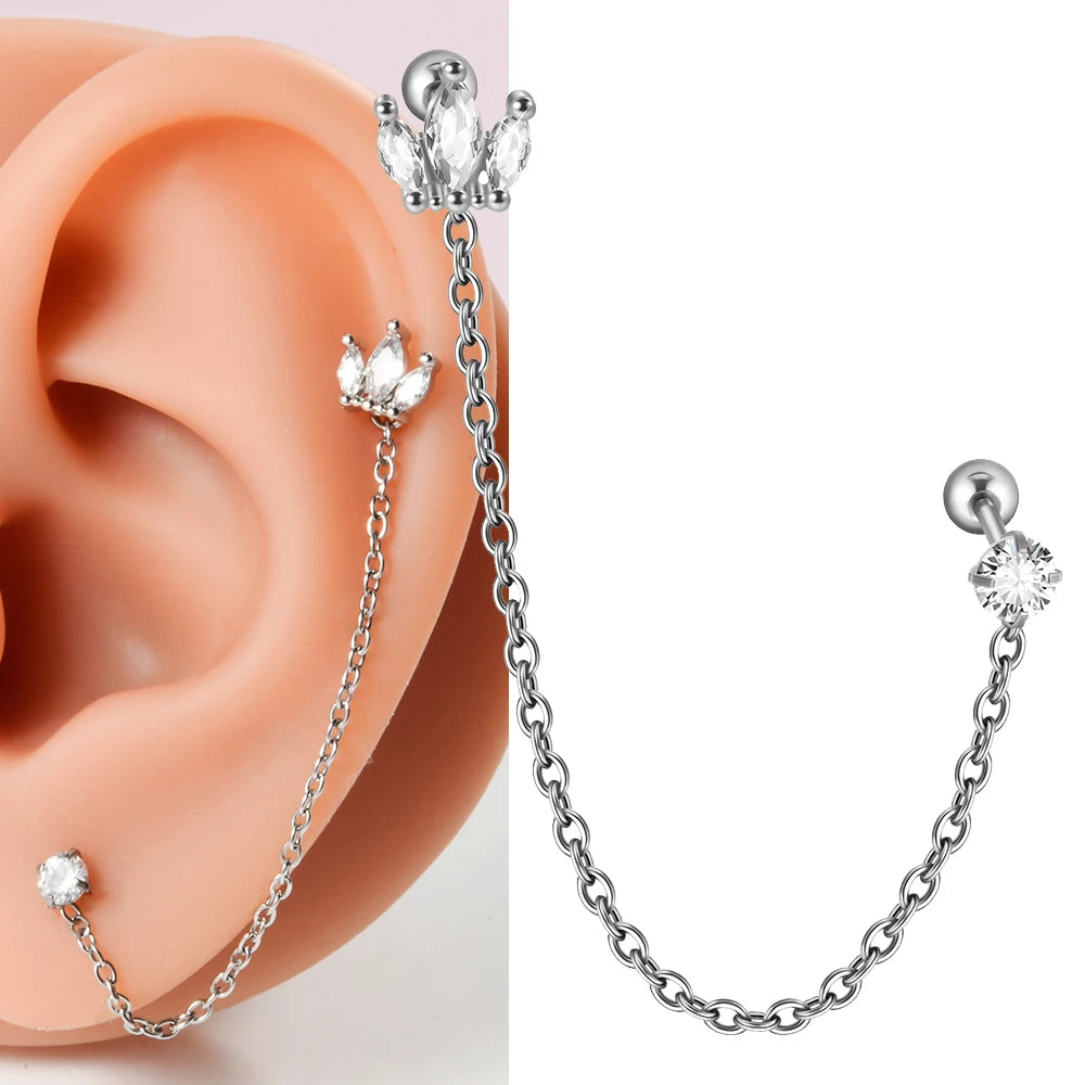 1PC Surgical Steel Zircon Crown Chain Ear Tragus Cartilage Cz Flower Piercing  Earring Conch Ear Helix Piercing Body Jewelry