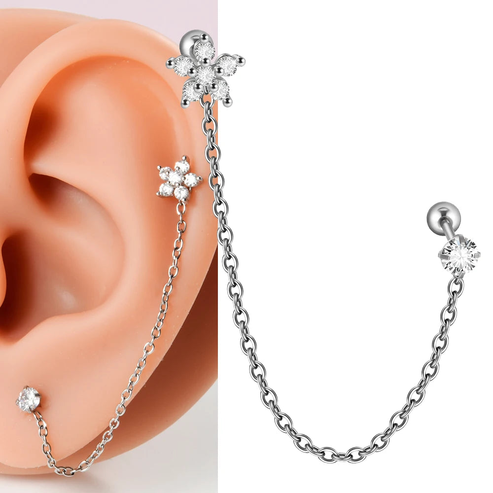 1PC Surgical Steel Zircon Crown Chain Ear Tragus Cartilage Cz Flower Piercing  Earring Conch Ear Helix Piercing Body Jewelry