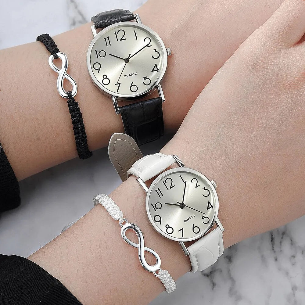 4pcs Couple Quartz Watch Bracelet Set Couple Fashion Black White Leather Strap Quartz Watch Woven Infinity Bracelets Set