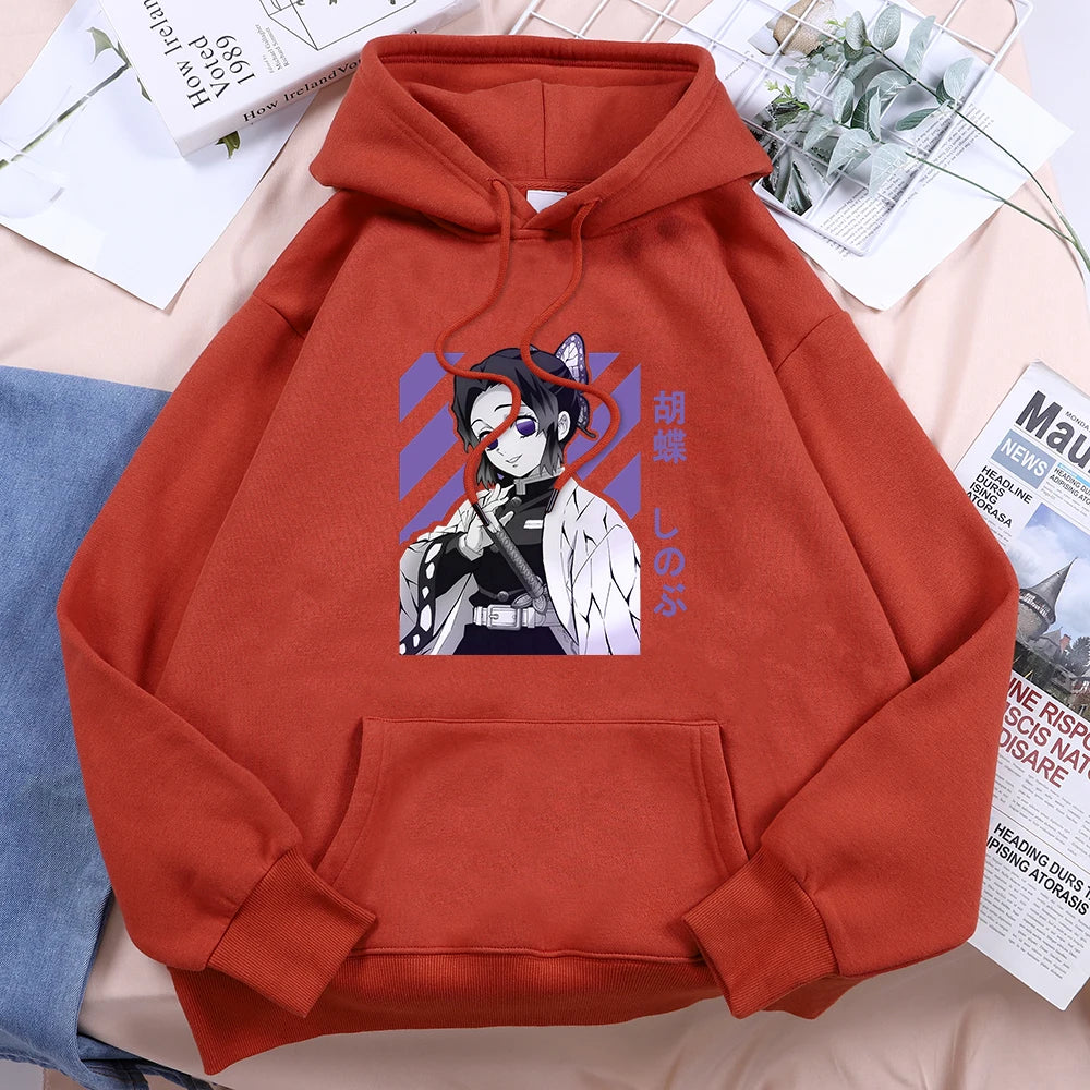 Anime Demon Slayer Kochou Shinobu Women Hoodies Autumn Fleece Streetwear Hip Hop Street Clothes Loose Crewneck Hoody For Female