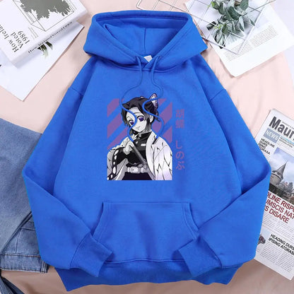 Anime Demon Slayer Kochou Shinobu Women Hoodies Autumn Fleece Streetwear Hip Hop Street Clothes Loose Crewneck Hoody For Female